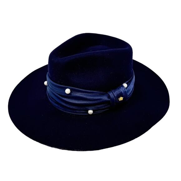 NWT Lele Sadoughi Wool Pearl Detail Navy Rancher Hat main image 10